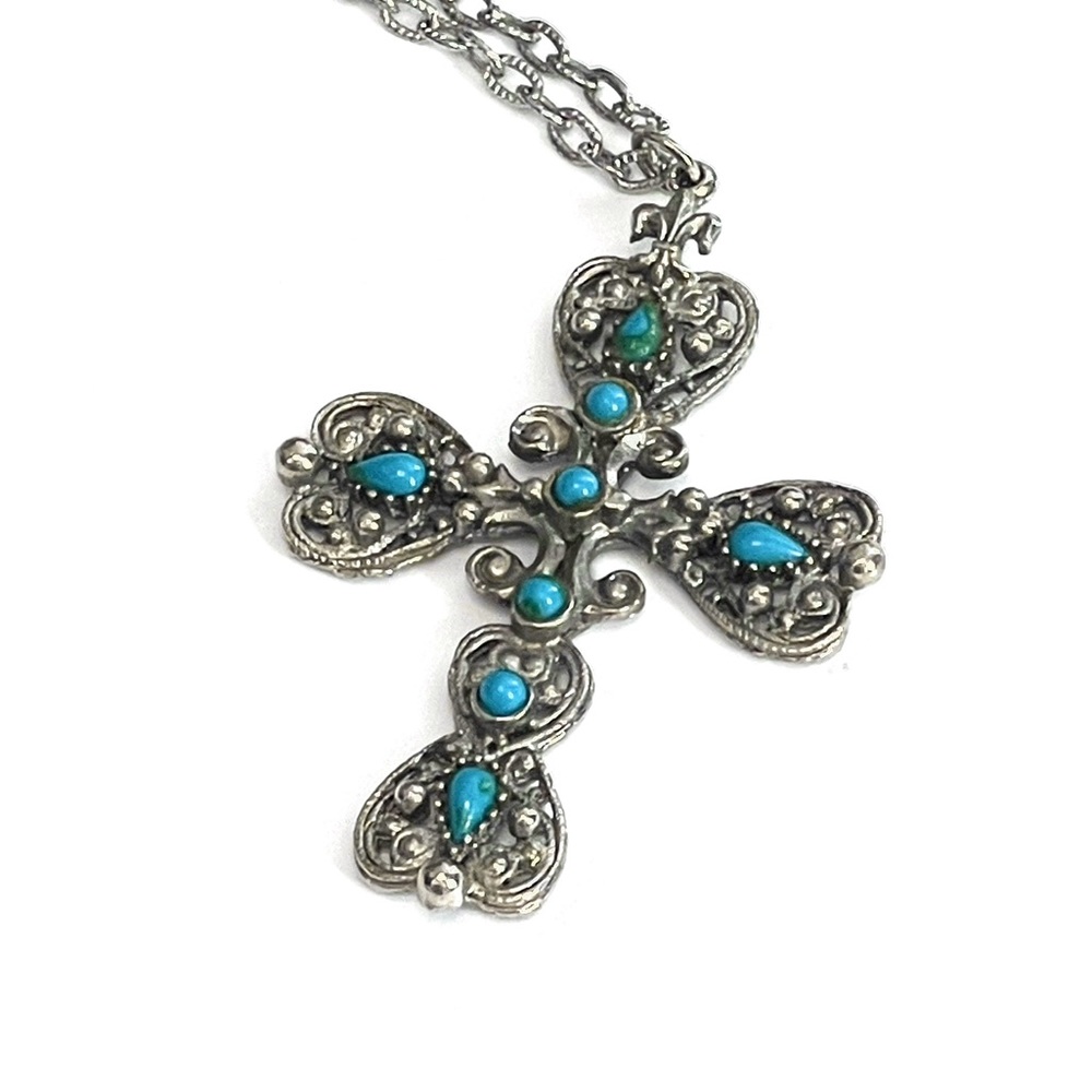⭐️HPx2⭐️ Vintage turquoise cross necklace unique - Picture 3 of 5